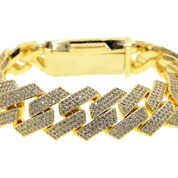 Solid Gold Plated over Brass Cuban Linked Bracelet Micro Paved CZ Diamonds - Picture 1 of 11